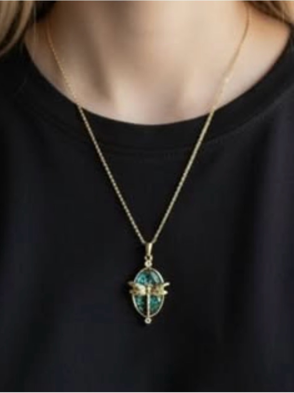 Gold Plated Turquoise Oval and Butterfly Pendant Necklace #79